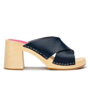 Swedish Hasbeens Black Leather Crossband Clog Mules with Natural Wood Heel